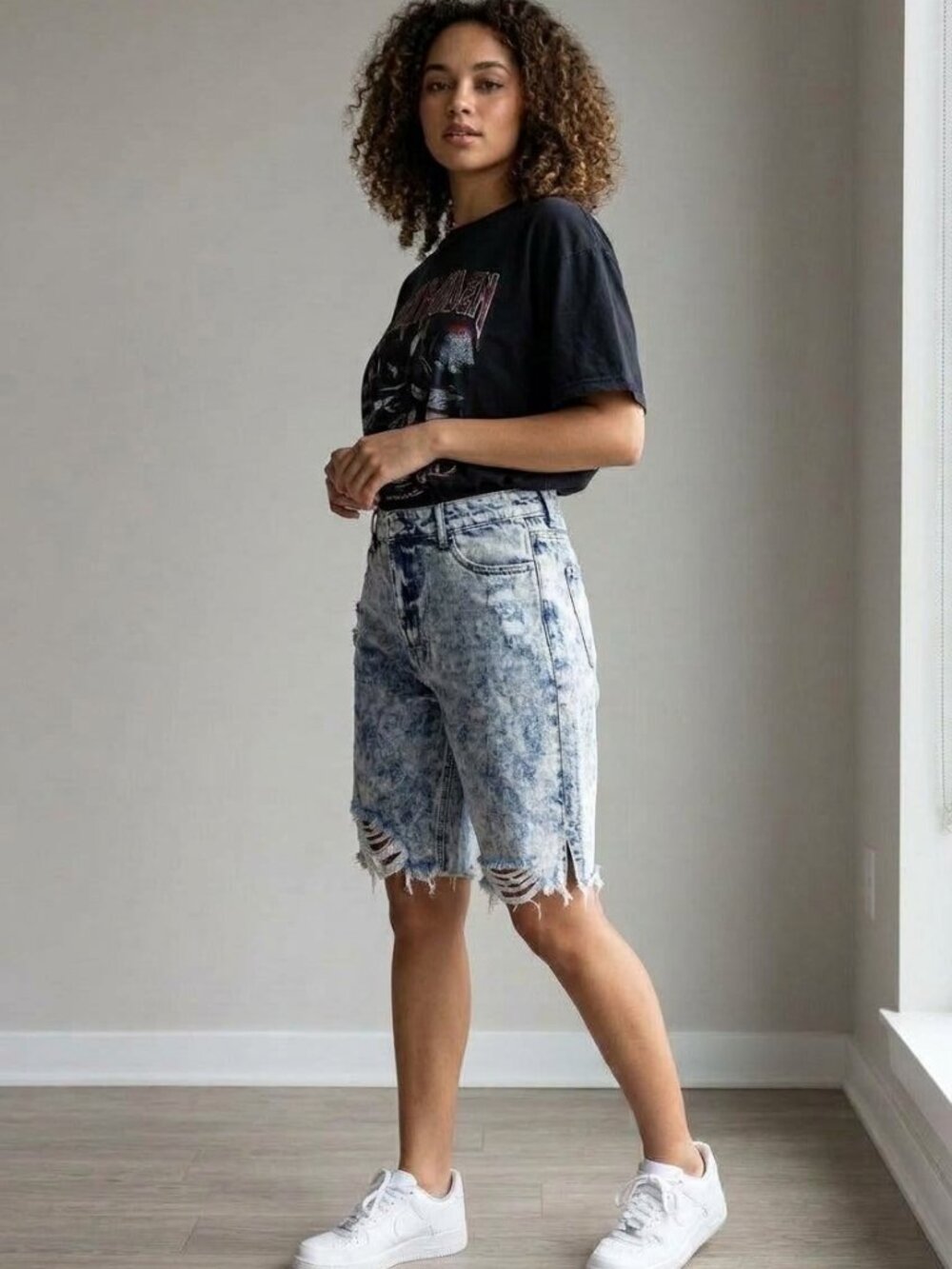 Insane Gene Take No Slit Distressed Denim Bermuda Shorts Acid Wash | Size L